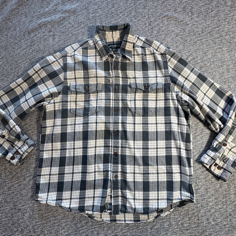 Eddie Bauer Mens Large Grey Black White Plaid Flannel Button Down Shirt L